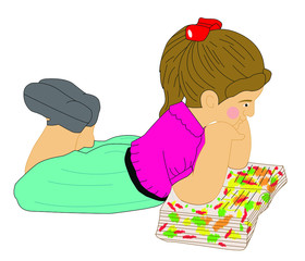Representación del Día Internacional del Libro Infantil, niña con cabello castaño y piel clara, acostada boca abajo leyendo un libro