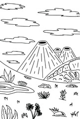 Coloring book for children on the theme of the life of dinosaurs in the tropics.