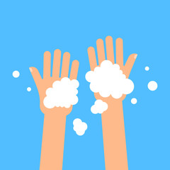 Washing hands with soap in flat style isolated on blue background. Vector illustration.