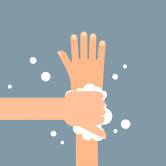 Washing hands with soap in flat style on gray background. Vector illustration.