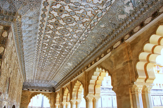AMBER, INDIA - MARCH 1: Ceiling of Jai Mandir (Mirror Palace) in Amber Fort on March 1, 2011 in Amber, India. Amber Fort is the main tourist attraction in the Jaipur area.