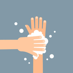 Washing hands with soap in flat style on gray background. Vector illustration.
