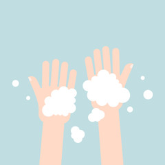 Washing hands with soap in flat style on gray background. Vector illustration.