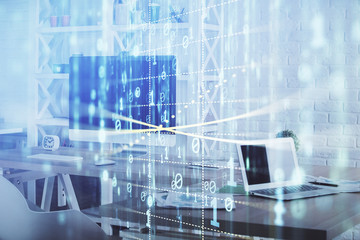Multi exposure of data theme drawing and office interior background. Concept of technology.