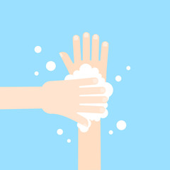 Washing hands with soap in flat style on blue background. 