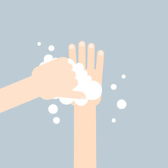 Washing hands with soap in flat style on gray background. 