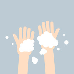 Washing hands with soap in flat style on gray background. 