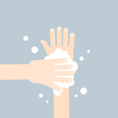 Washing hands with soap in flat style on gray background. 