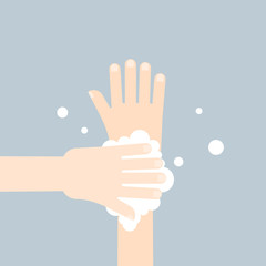 Washing hands with soap in flat style on gray background. 