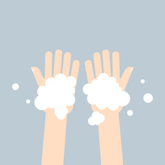 Washing hands with soap in flat style on gray background. 