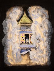 House with notes. Gouache drawing on a black background. Fairy house.