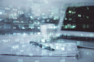 Multi exposure of data theme drawings and desk with open notebook background. Concept of education