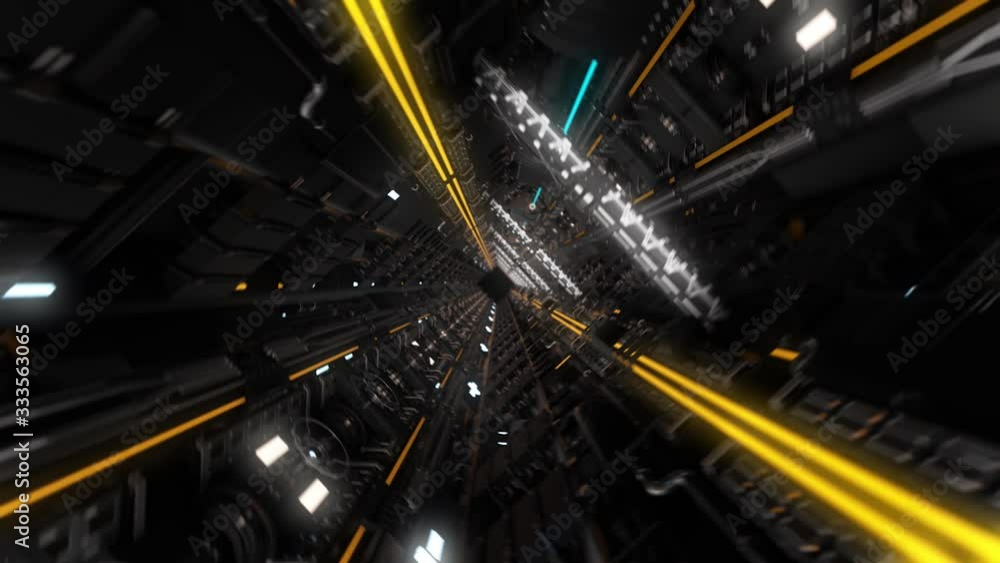 Poster flying through the digital futuristic dark tunnel, seamless loop. animation. view inside of a techno