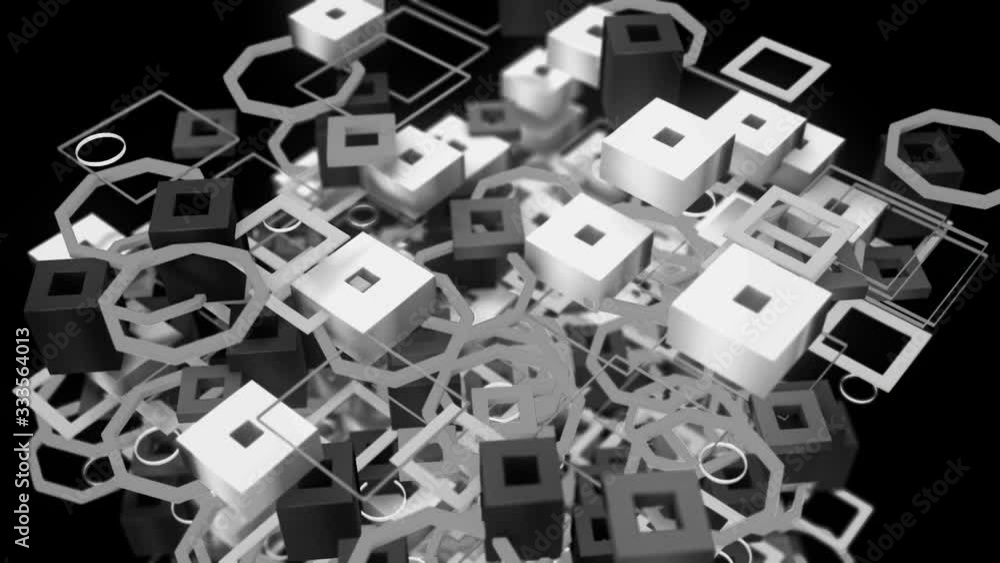 Poster unusual abstraction of a giant figure made of small different white details moving down isolated on 