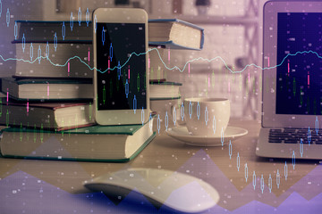 Double exposure of financial graph drawing and cell phone background. Concept of forex trading