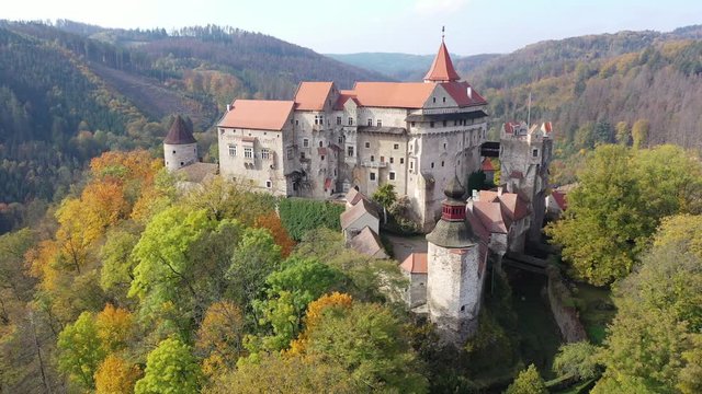 Scenic aerial view of historical medieval Pernstejn castle, Czech Republic