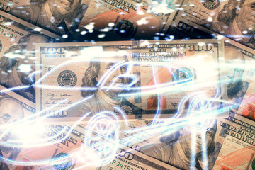 Double exposure of tech theme drawing over usa dollars bill background. Concept of autopilot ai.