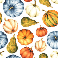 Watercolor illustration with pumpkins. Seamless watercolor pattern for design of wallpaper, fabric, wrapping paper and more.