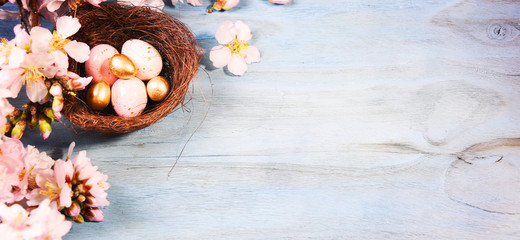 Easter background with Easter eggs and spring flowers