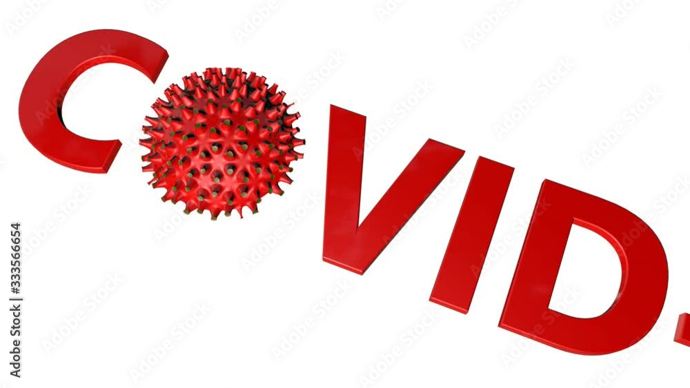 Poster three-dimensional word covid-19 with a rotating virus model on a white background. concept of pandem
