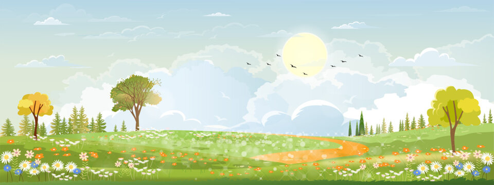 Spring landscape in countryside with green meadow on hills with blue sky, Vector Summer or Spring landscape, Panoramic village with grass field and wildflowers, Holiday natural background
