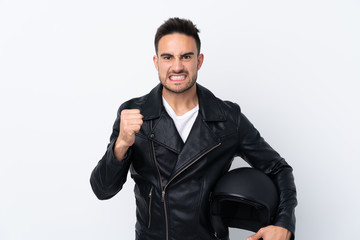 Man with a motorcycle helmet frustrated by a bad situation