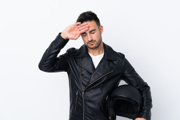 Man with a motorcycle helmet with tired and sick expression