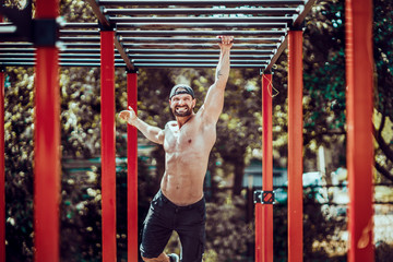 Bearded bodybuilder man exercising on monkey bars for the upper-body in a modern calisthenics park outdoors on a sunny day. - obrazy, fototapety, plakaty