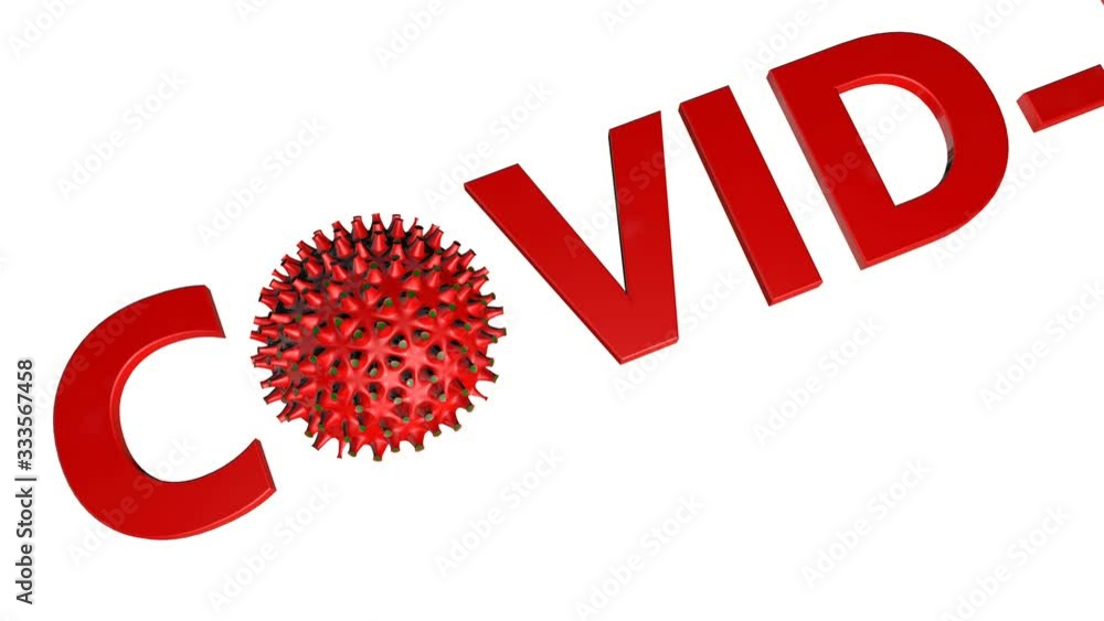 Poster three-dimensional word covid-19 with a rotating virus model on a white background. concept of pandem