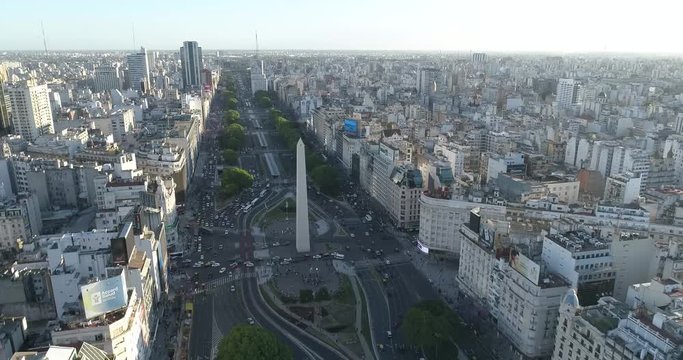 Aerial view of Obelisco de Buenos Aires (Obelisk), historic monument, in the Plaza de la Republica at avenues 9 de Julio, Buenos Aires - Argentina.