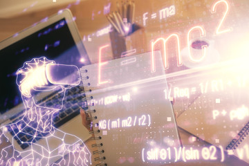 Double exposure of woman hands typing on computer and formula hologram drawing. Education concept.