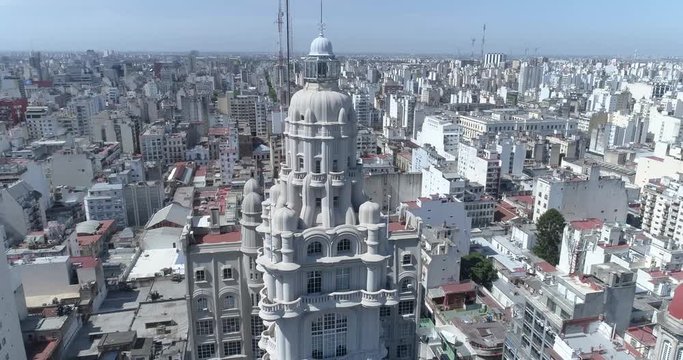 Aerial scene with drone of the horizontal orbit around the palace with the shaft dome. The Barolo Palace in Buenos Aires, Argentina.