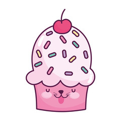 cute food cupcake with fruit sweet dessert kawaii cartoon isolated design