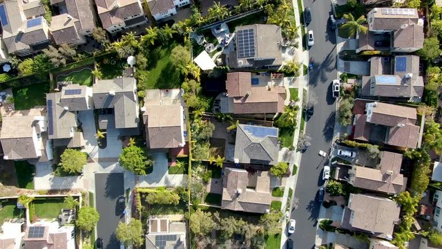 Aerial view of middle class subdivision neighborhood with residential condos and houses in San Diego, California, USA.