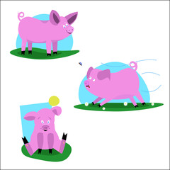 Included are cute illustrations with a mini pig in various poses. illustration isolated on white background.