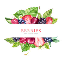 Fresh berries frame. Watercolor background with colorful fruits. Strawberry, raspberry, blueberry and blackberry. © Evgeniya