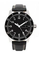 expensive modern watches. black dial, black leather strap. isolated on a white background