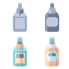 Disinfect bottles sticker set on white isolated backdrop. Antiseptic spray mockup  for hygiene promotion, medical poster. Household goods store or warehouse. Minimal style stock vector illustration
