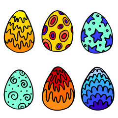 Paschal sticker set on white isolated backdrop. Painted easter eggs for invitation or gift card, notebook, bath tile, scrapbook. Phone case or cloth print art. Cartoon style stock vector illustration