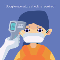 Temperature check text on blue backdrop. Woman in mask for social banner or propaganda, hygiene promotion, medical poster. Chemist shop logo or info card. Cartoon style stock vector illustration