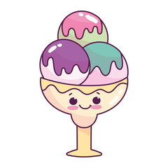 cute food ice cream scoops in cup sweet dessert kawaii cartoon isolated design