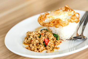 Rice with stir fried chicken and fried egg on white plate