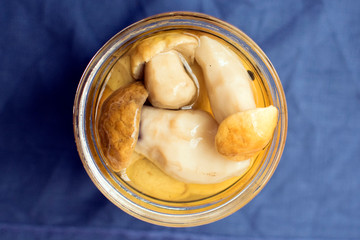 Fototapeta na wymiar Canned white mushrooms in a glass jar top view. Mushrooms marinated in jar homemade.