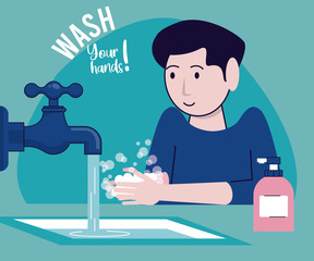 wash your hands campaign poster with man and tap
