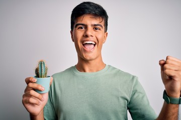 Young handsome man holding small cactus plant pot over isolated white background screaming proud and celebrating victory and success very excited, cheering emotion