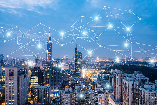 Big data concept of night view of Nanjing skyline and city interconnection in Jiangsu, China