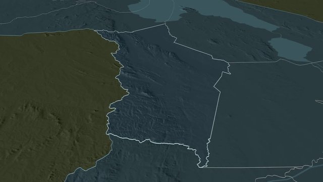 Ntcheu, district with its capital, zoomed and extruded on the administrative map of Malawi in the conformal Stereographic projection. Animation 3D