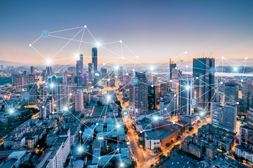 Big data concept of city night view and city interconnection in Dalian, Liaoning, China