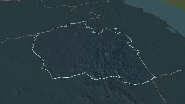 Ntchisi, district with its capital, zoomed and extruded on the administrative map of Malawi in the conformal Stereographic projection. Animation 3D