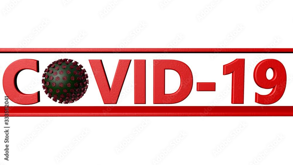 Poster three-dimensional word covid-19 with a rotating virus model on a white background. concept of pandem